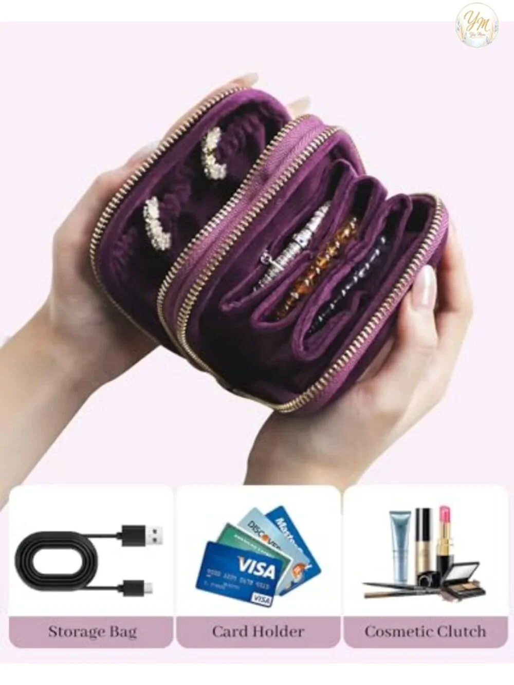 2-Layer Velvet Travel Jewelry Case Organizer with Zippers